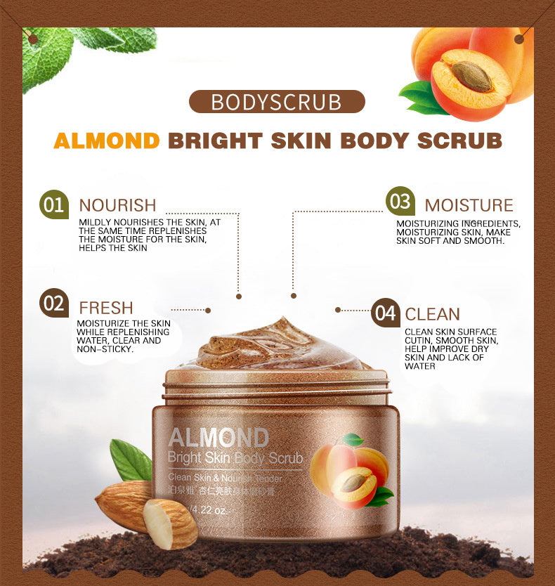 Vorteile des Almond Bright Skin Body Scrubs: Hervorgehobene Eigenschaften wie Reinigung, Pflege und Hautaufhellung.